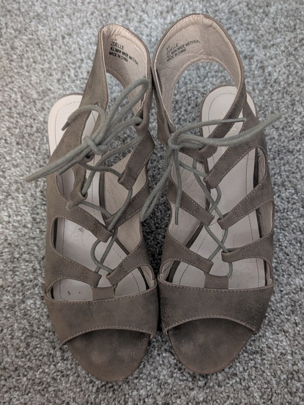 Suede Lace-Up Open-Toe Heels in Camel 8.5